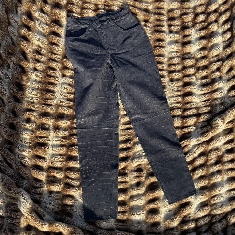 Bottega Veneta S (4/6) Black Metallic High Rise Croco Print Leather Pants NEW